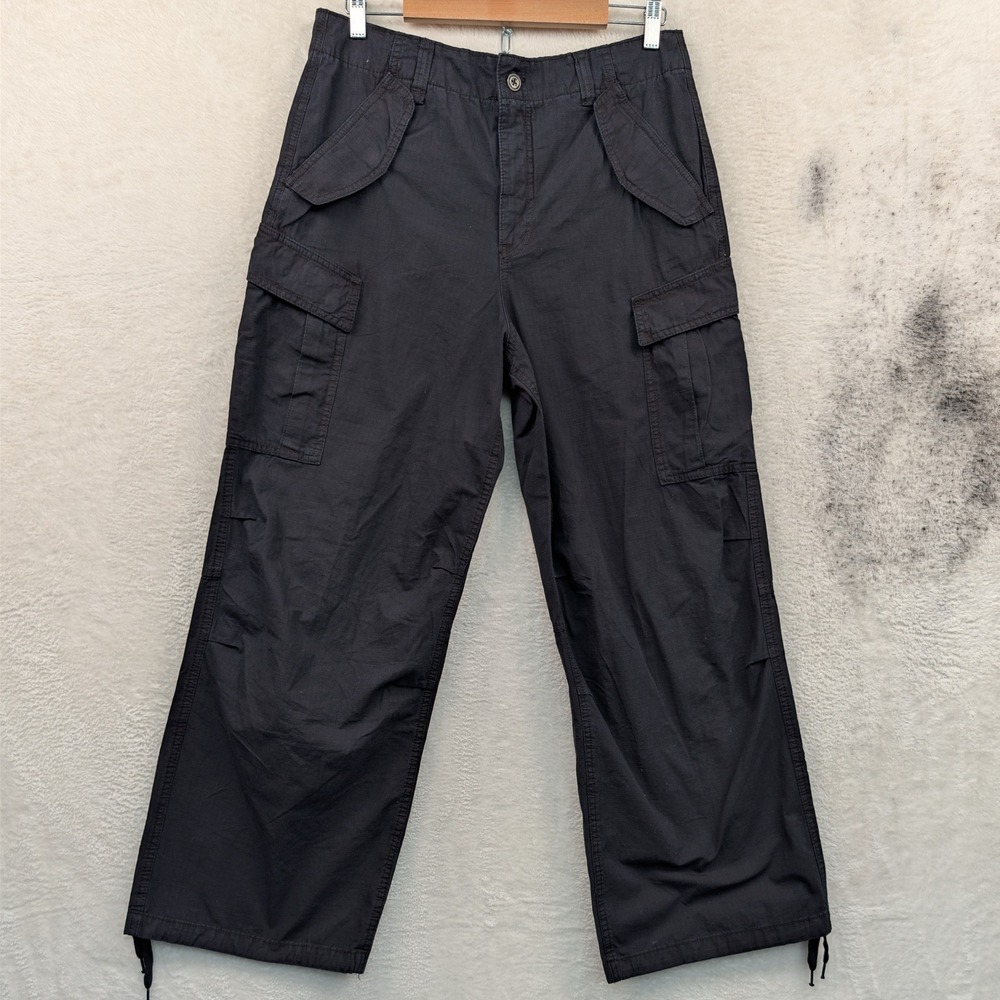 NWT H&M Cargo Pants Men 34x31 Black Ripstop Loose Fit Relaxed Elastic Wide Leg